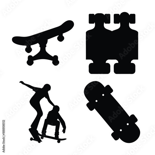 Various skateboard silhouettes depicting equipment, parts, and active riders enjoying the sport