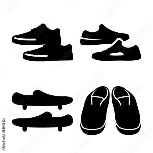 A collection of diverse footwear silhouettes including sneakers, slip-ons, and slippers