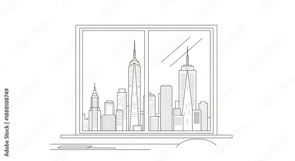 Obraz premium Cityscape View Through Window: Sketch of Skyscrapers and Skyline