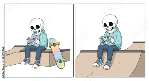 skull character sitting on skate ramp holding video game controllers with skateboard