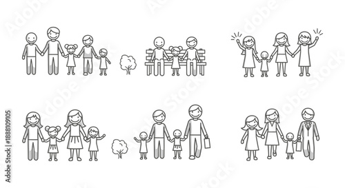 stick figure diverse families showcasing modern lgbtq and various family structures with parents and children useful for social inclusion and educational resources.