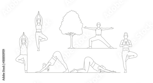 yoga poses line art illustrations featuring people practicing wellness for balance and health in modern lifestyle graphic designs