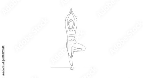 yoga tree pose line art illustration depicting a woman balancing in vrksasana promoting wellness and mindfulness for health and fitness content.