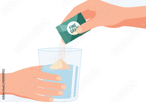 A hand pours probiotic powder into a glass. Close-up, textured shot showcasing the fine powder. Clean, modern aesthetic. Ideal for health & wellness visuals.