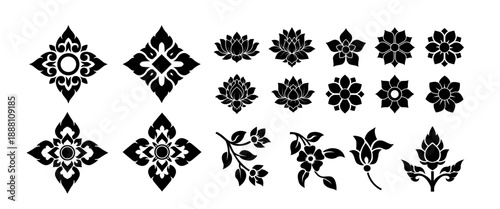 Traditional Thai Kanok Floral Elements Collection with Lotus Motifs