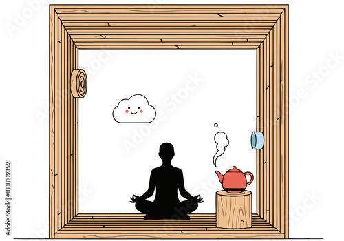 A serene meditation zen chamber built within an engine room. A person meditates peacefully, surrounded by a teapot and thoughtful imagery. Calm, minimalist, and visually striking.