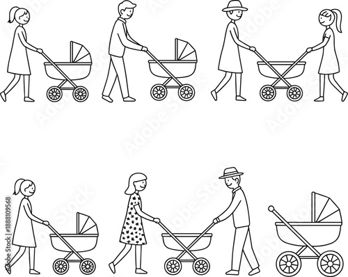 Parents walking with baby stroller outline illustration set, family parenting concept, mother and father pushing pram icons for childcare, lifestyle and nursery design.
