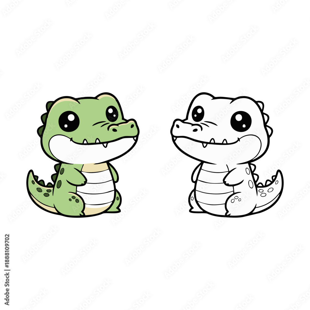 Obraz premium Cute baby crocodile vector illustration. Features a charming cartoon character in vibrant color and outline versions, perfect for children's designs and scalable graphics
