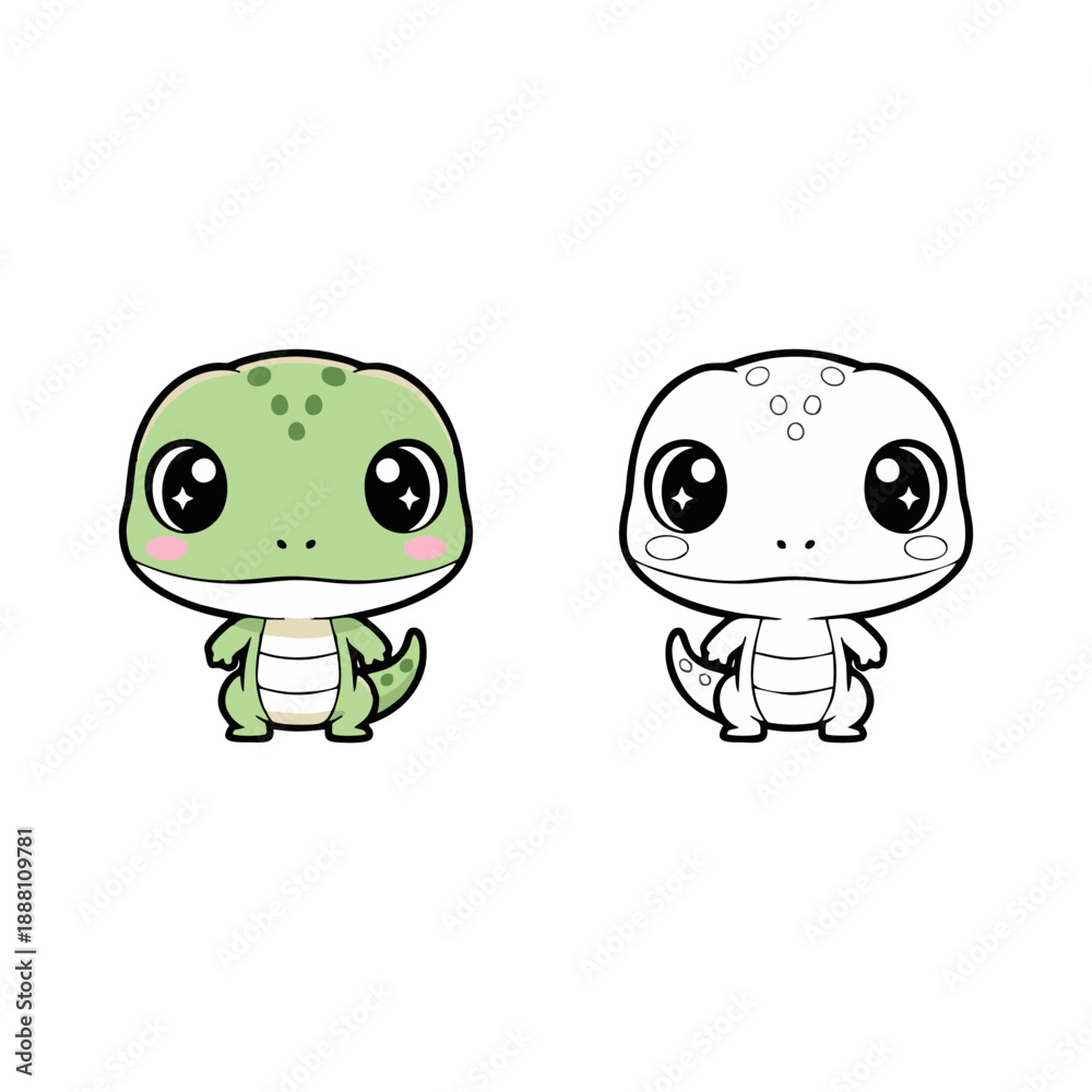 Obraz premium Charming cartoon green lizard illustration, featuring a delightful creature with an outline version, ideal as an editable vector graphic for design