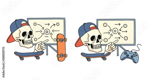 Skull in baseball cap pointing at soccer strategy board with skateboard and gaming controller