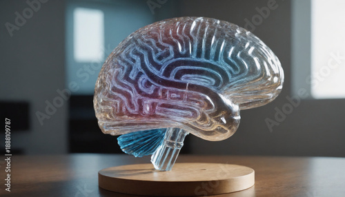 Transparent crystal human brain sculpture representing artificial intelligence mind, psychology and mental clarity on white background