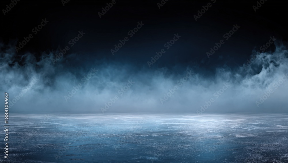 Fototapeta premium Mysterious frozen landscape with misty blue fog and icy ground