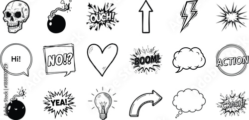 Assorted comic book style graphics and sound effects
