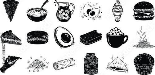 Assorted Hand Drawn Food Illustrations In Black And White