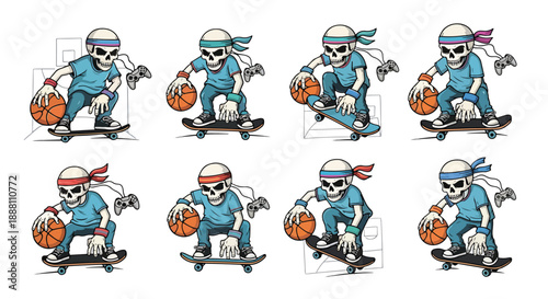 skull wearing blue shirt riding skateboard with basketball and video game controller