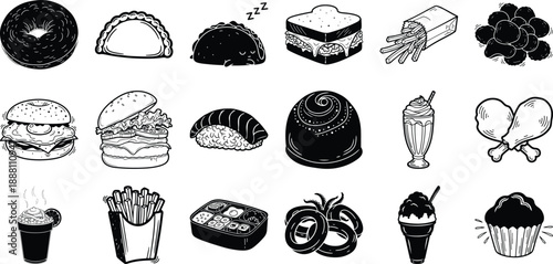 Black and white cartoon food and drink illustrations