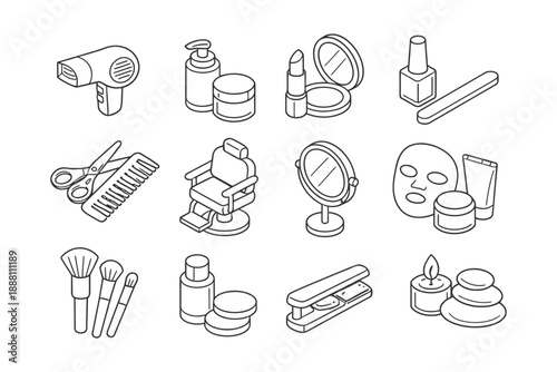 Outline icons of hair care and beauty products assortment.
