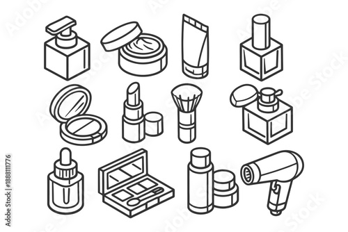 Vector outline of makeup and beauty tools: lipstick, brush, perfume, hairdryer.