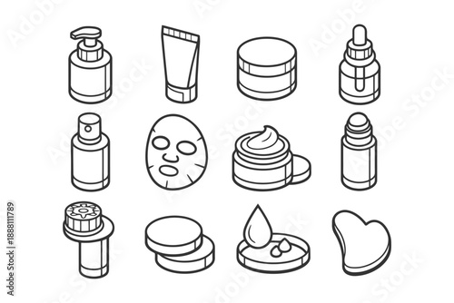 Outline icons of skincare products: bottles, jars, masks, and brushes.