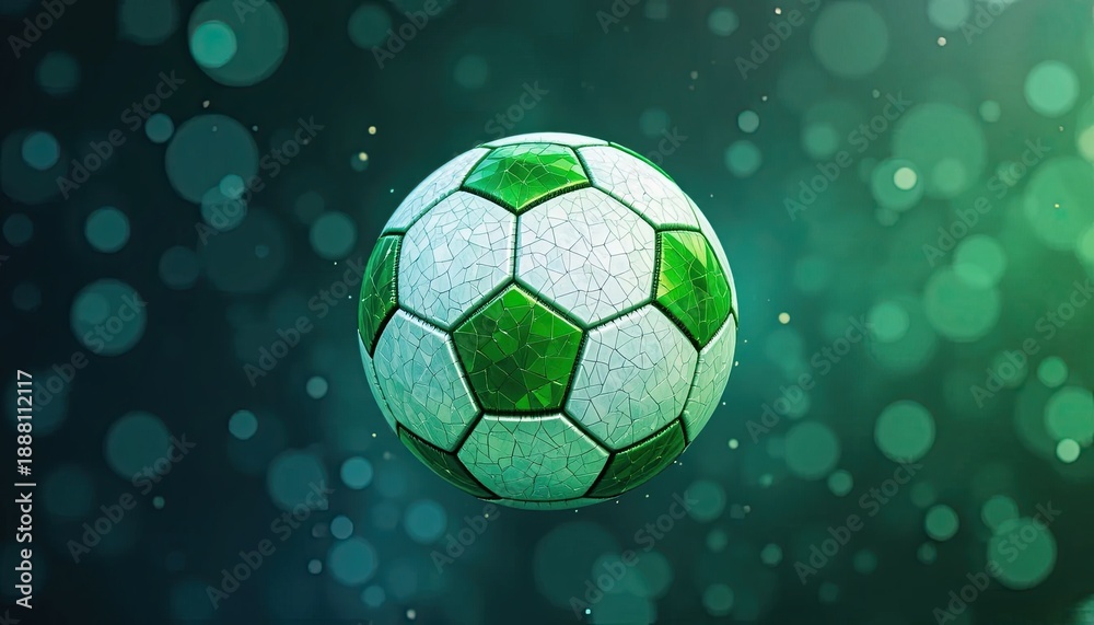 Fototapeta premium Vibrant green soccer ball with cracked mosaic texture on bokeh background