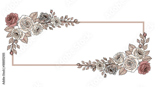 Elegant floral frame features vintage style rose bouquets in muted tones at the corners of a rectangular border for wedding stationery.