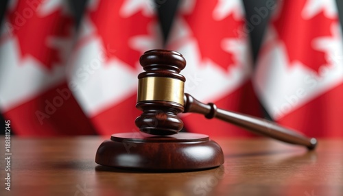 Wooden judge gavel rests on table before Canadian flags. Symbol of law justice and national court system. Authority of legal ruling in country.