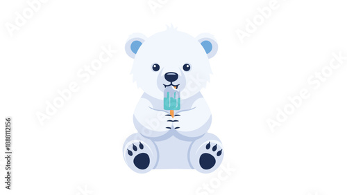 Adorable baby polar bear sitting and happily eating a blue popsicle against a clean white background in a cute flat illustration style.