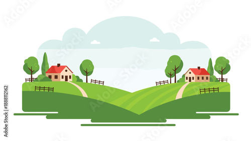 Peaceful rural landscape showing two charming houses with red roofs nestled on green grassy hills under a soft blue sky with clouds.