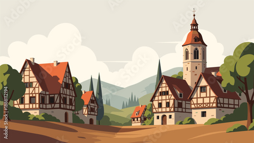 Picturesque European village scene featuring traditional half-timbered houses and a tall church steeple set against rolling green hills.