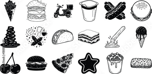 Collection Of Black And White Food And Drink Illustrations