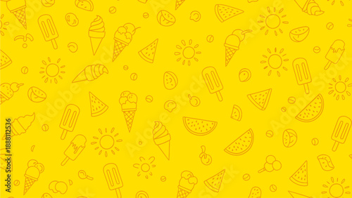 Summer Vibes A Bright Yellow Background with a Pattern of Ice Cream, Popsicles, and Sun Icons