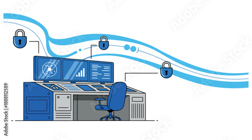 Secure office workstation with computer and safety shields.