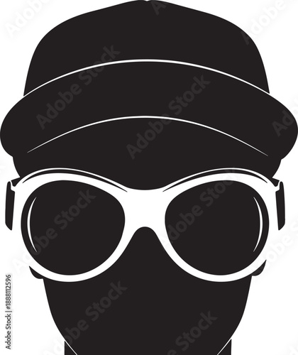 Black and white of a person wearing a hat and large sunglasses also transparent background