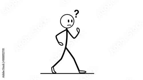 Stick figure walking with a puzzled expression and a question mark.