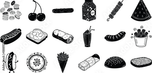 Doodle Style Food and Drink Illustrations in Black and White