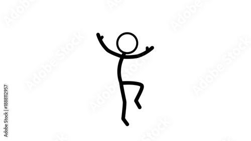 Simple stick figure dancing with arms raised and one leg bent.