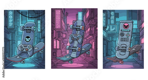 Three skateboards with video game controllers in futuristic city scenes