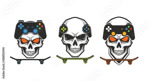 Three skulls with video game controllers on their heads and skateboards underneath them