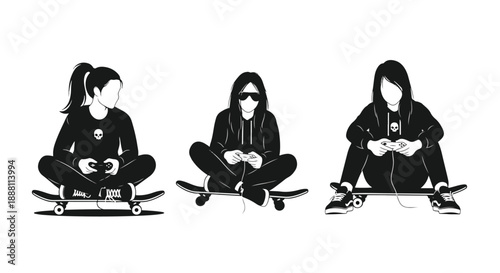 Three young women sitting on skateboards while playing video games