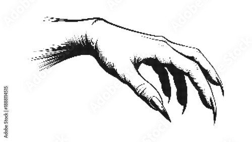 A stark black and white halftone illustration of a scary hand with long, sharp, claw-like nails, evoking themes of horror, Halloween, and fantasy creatures