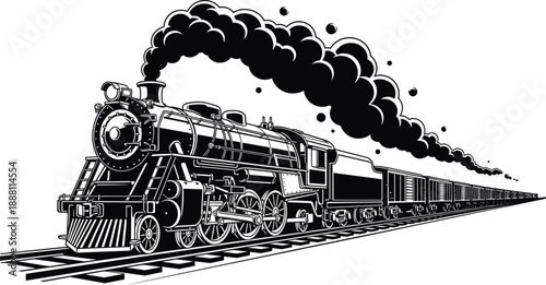 Vintage steam locomotive black and white illustration with smoke, classic railway engine, freight train cars, and dramatic retro transportation artwork