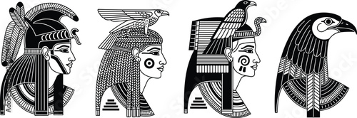 Ancient Egyptian pharaoh profile illustration set with falcon, cobra, and sacred headdress symbols in detailed black and white line art