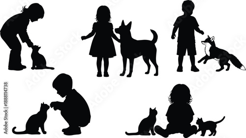 Kids and pets silhouette set showing children playing with cat, dog and fox, feeding animals and sitting together, black vector illustration for friendship.