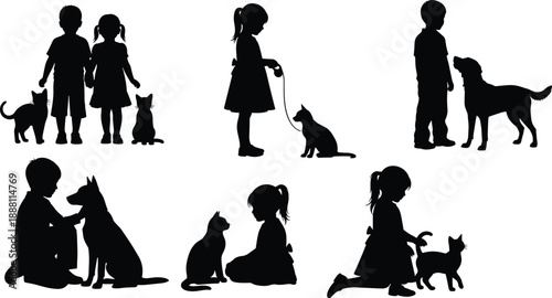 Kids with pets silhouette set showing boys and girls with cats and dogs, feeding, walking, sitting and petting animals, black vector illustration.