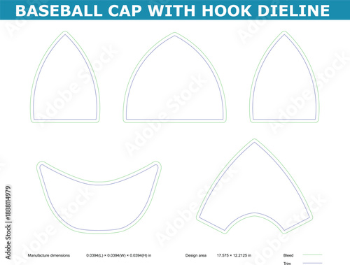 A technical diagram of a baseball cap with hook die line for manufacturing and design purposes