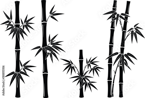 Bamboo tree silhouette set with tropical leaves and stems, black vector illustration for Asian nature design, zen decor, spa background and botanical patterns.