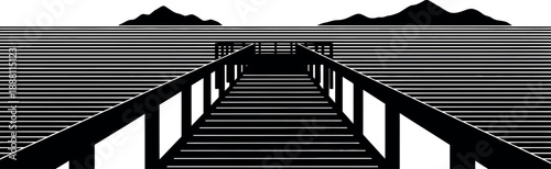 Serene mountain landscape with wooden pier extending into calm waters