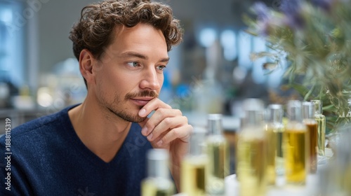 Young caucasian male exploring fragrances in a modern store setting