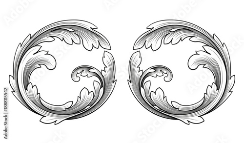 Retro baroque swirl filigree floral ornament engraving vector isolated on transparent background