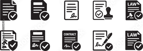 Legal document icon set with contract and approval symbols. Clean vector illustration for law, business, and compliance.